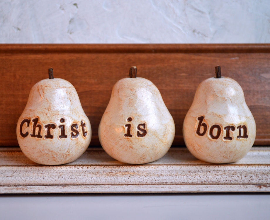 Christmas Gift ... Handmade polymer clay pears ... 3 Word Pears... Christ is born, white