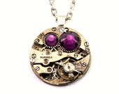 Steampunk Necklace - Vintage Clockwork Design with Amethyst Purple Swarovski Crystals -  PROMPTLY SHIPPED Steampunk jewelry