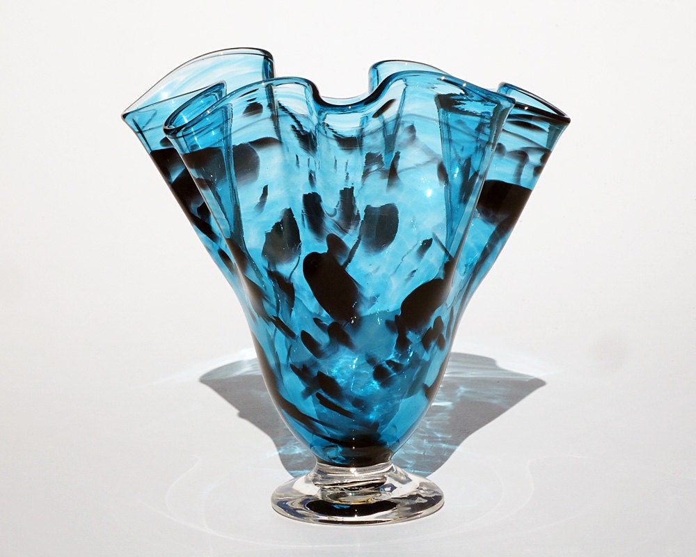 Fluted Glass Vase Blue Hand Blown Free By Jeffpriceartglass