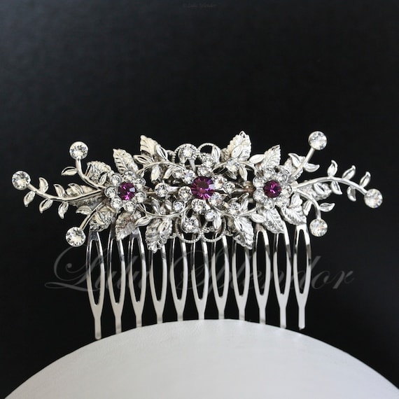 Wedding Hair Comb Vine Leaf Bridal Hair Clip Amethyst Crystal