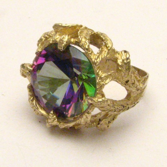 Handmade 14kt Gold Rainbow Mystic Topaz Claw Ring by JandSGems