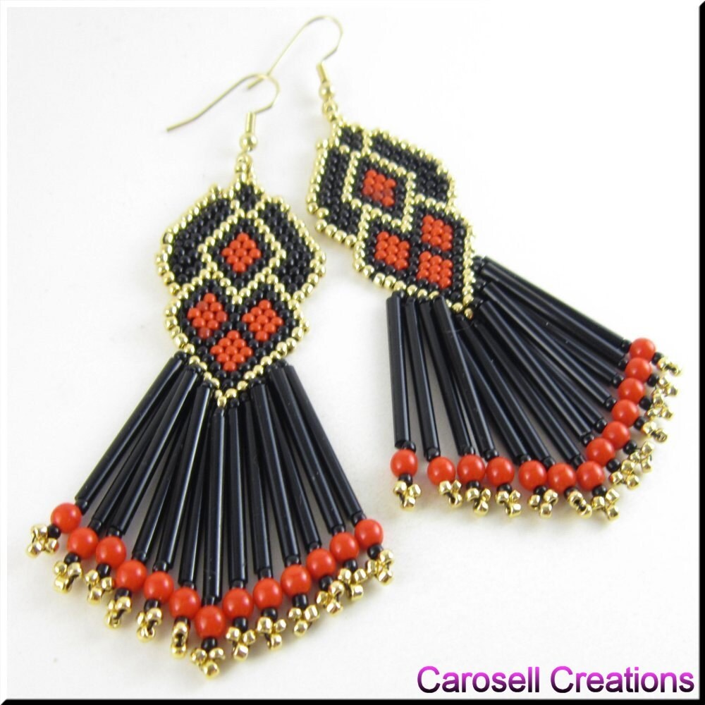 Spanish Beadwork Bugle Bead Earrings Dangle Chandelier Seed
