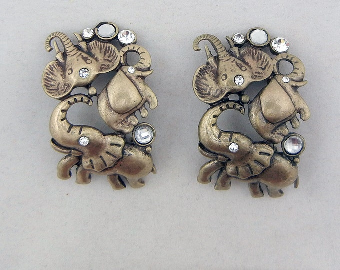 Set of 2 Antique Gold-tone Elephant Slide Charms Rhinestones