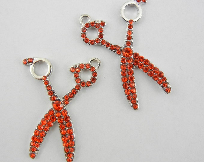 Pair of Silver-tone Red Orange Rhinestone Scissor Charms