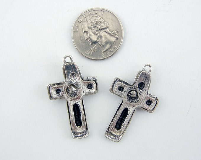 Pair of Antique Silver-tone Decorative Cross Charms Rhinestones