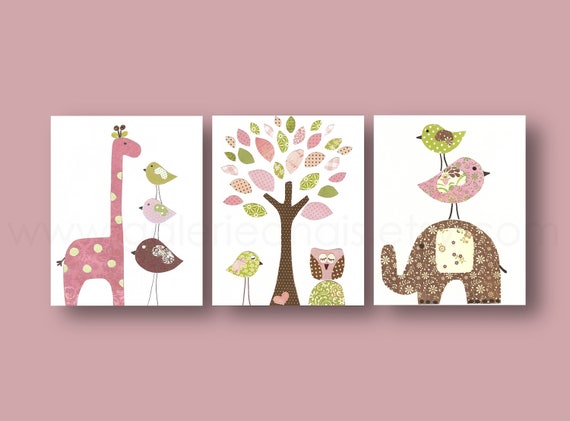 Nursery art prints baby girl nursery decor kids wall art nursery wall art tree owl nursery elephant nursery giraffe Bird Set of 3 prints by GalerieAnais