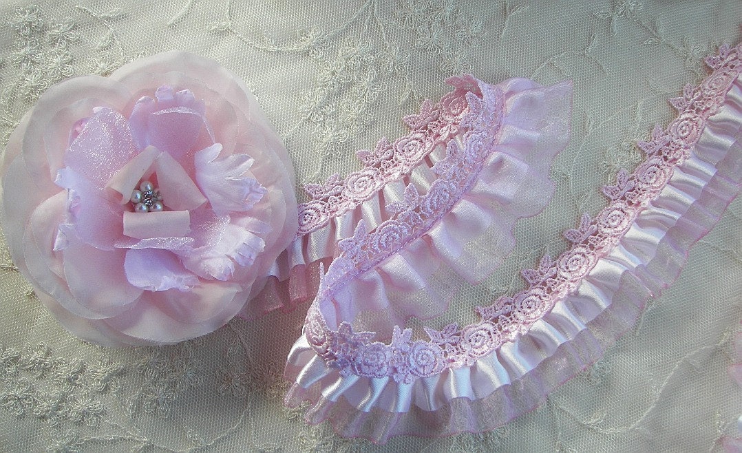 2 inch pink satin organza ruffle ribbon trim embellished w