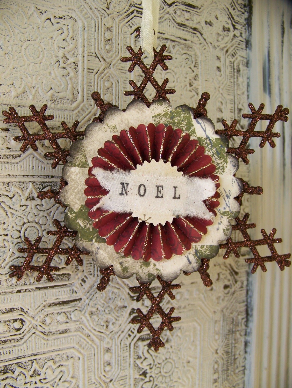 Handmade Christmas Ornament Vintage Christmas Snowflake Ornament Glitter Snowflake Rosette Vintage Ornament