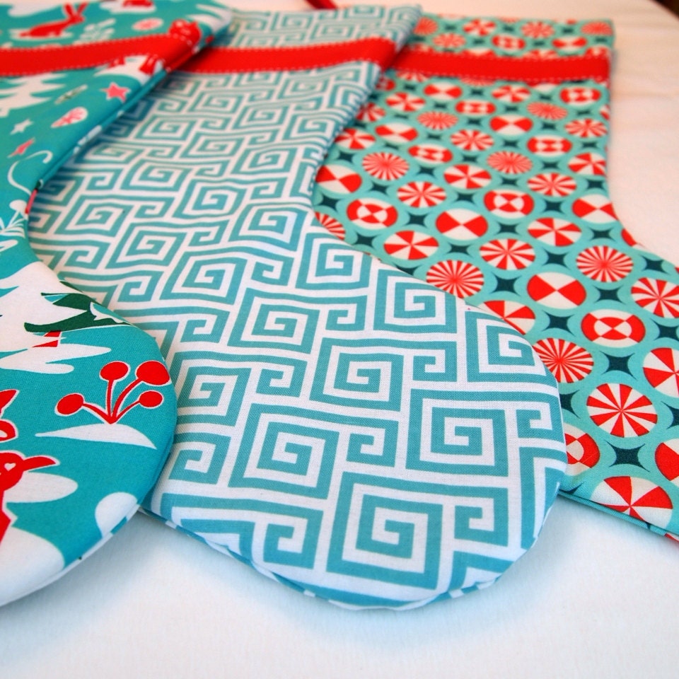 Set of Three Modern Christmas Stockings in Teal and Red