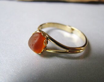 Amber Sea Glass - Sea Glass Ring - Goldtone Ring - Beach Glass Jewelry