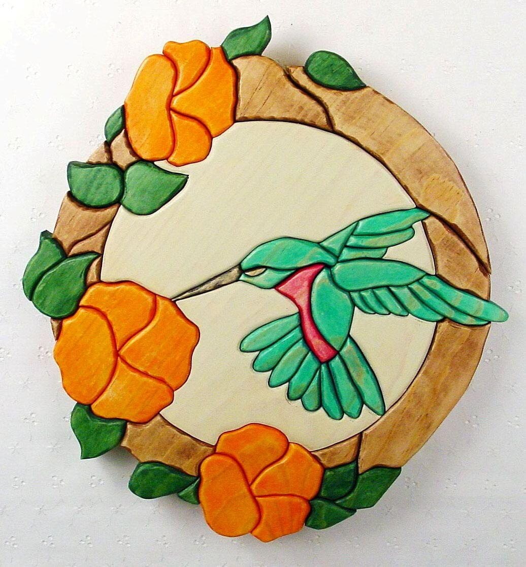 Handcrafted Wooden Intarsia Hummingbird Flower Wall Art Plaque