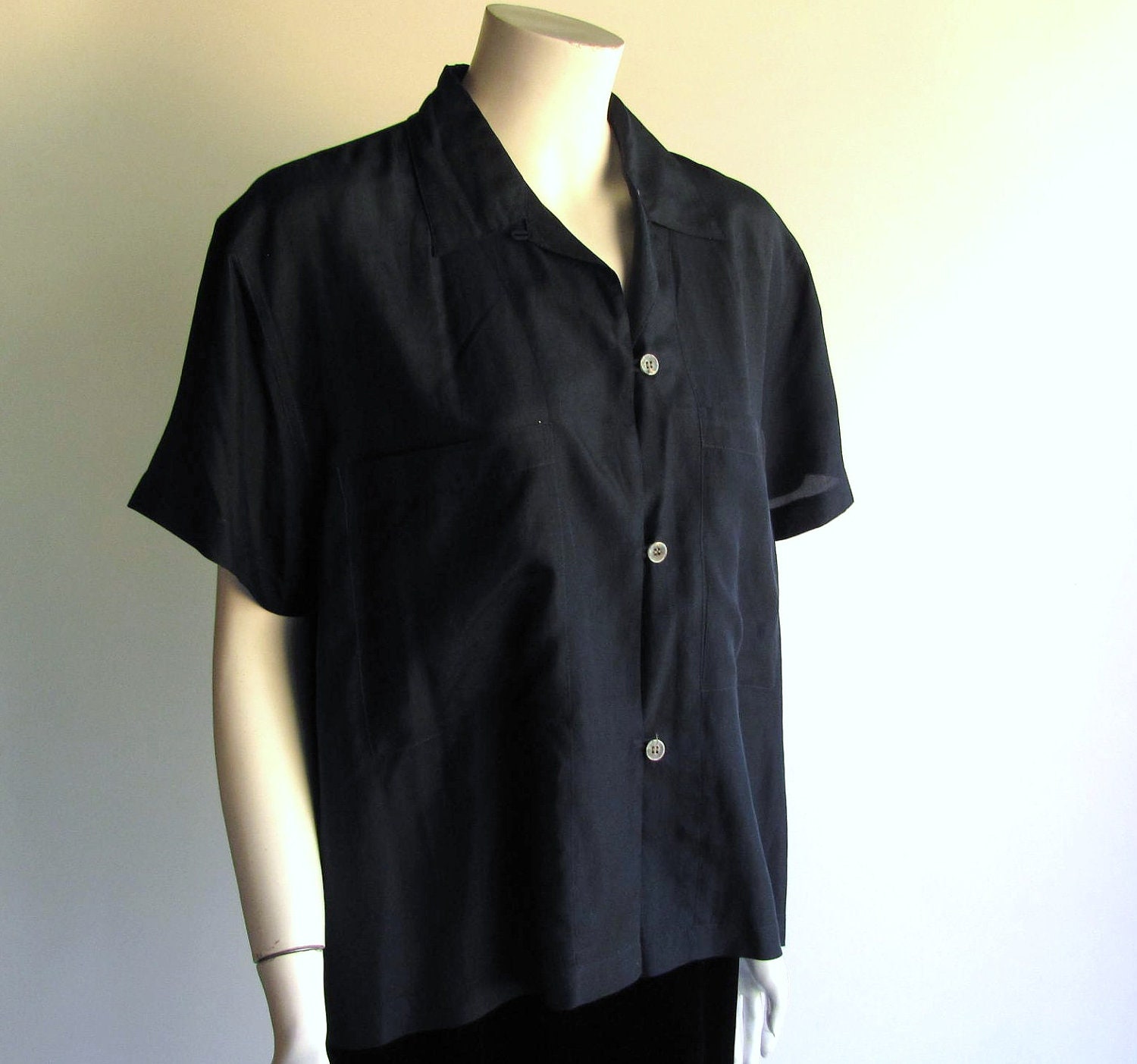 Licorice Black Silk Camp Shirt Oversized Vintage by pintuckstyle