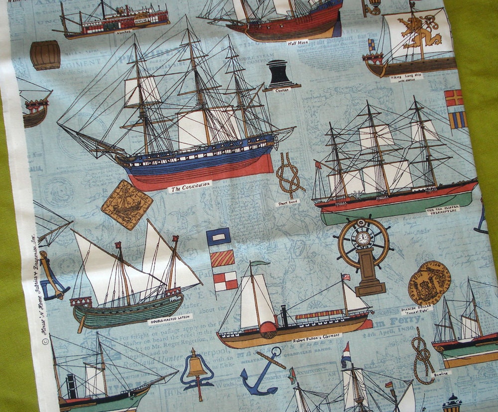 Tall Ship Nautical Upholstery Fabric Cotton Historic Ships
