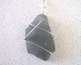 Rare-Sea-Glass necklace, Gray, Wire Wrapped, Sterling Silver chain