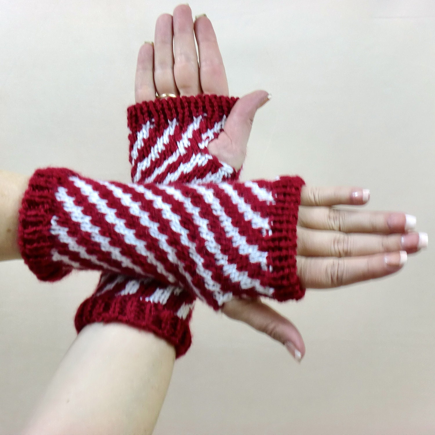 Christmas Fingerless Gloves Candy Cane Striped Arm Warmers