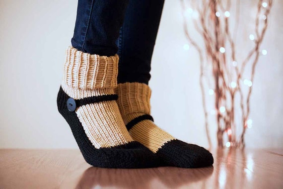 Knit Slipper Sock Adult Maryjane Slipper Sox Ecru Beige House Slippers Womens Slippers Home Slippers Black House Shoes Home Shoes