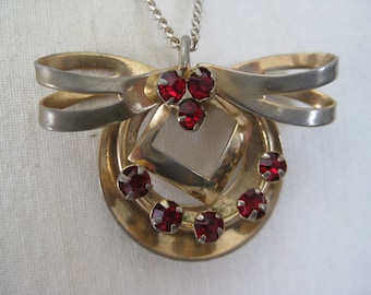 Shabby Bow Red Necklace Rhinestone Vintage Pendant