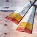 Candy Corn Earrings - Triangle Dangles with Patina - Halloween - Tribal Rustic Autumn - White, Saffron Yellow, Paprika Orange - Fall Fashion