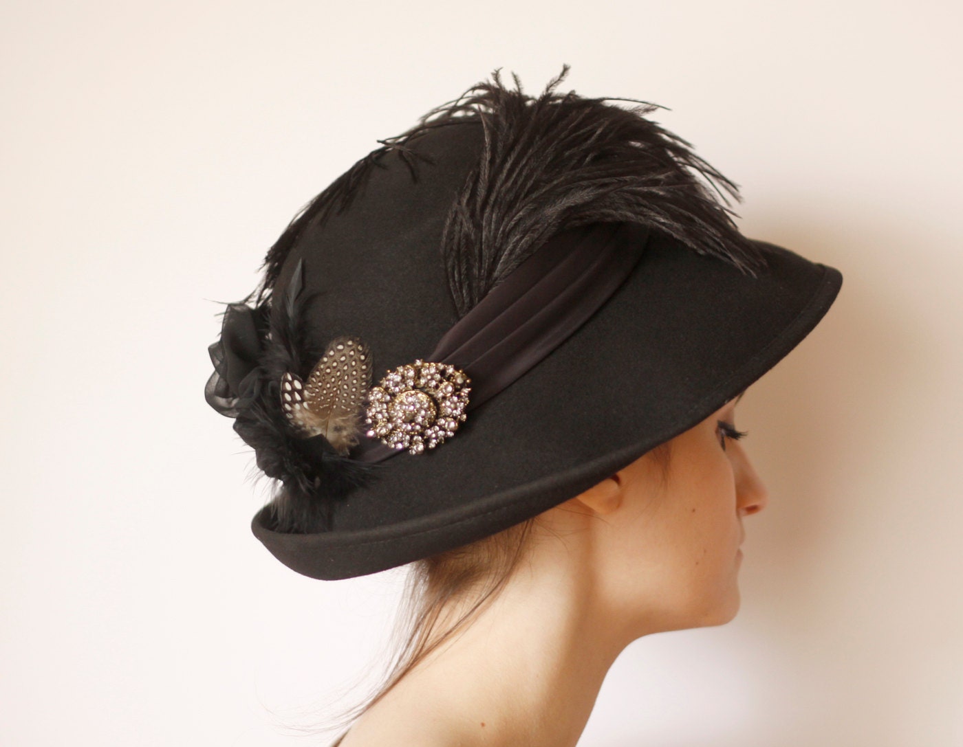 Victorian/Edwardian Style Black Feathered Hat by BlackHatFactory