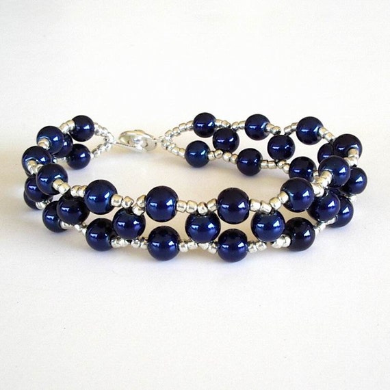 Beaded Bracelet Jewelry Navy Blue Stones Silver plated Seed