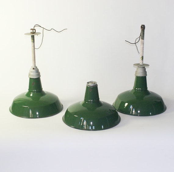 set of three antique industrial enamel pendant light shades
