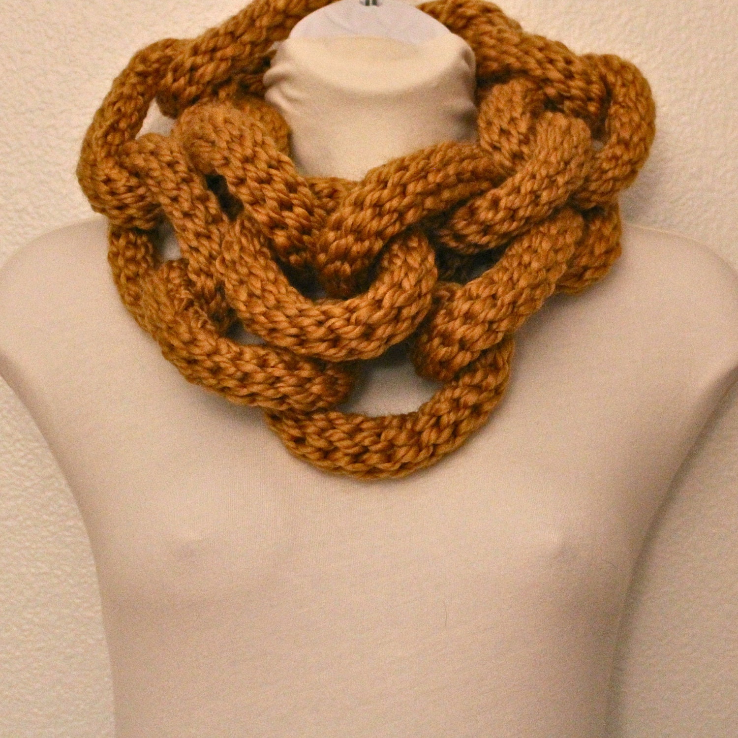 Crochet Chain Link Scarf Necklace Golden Yellow Soft Wool