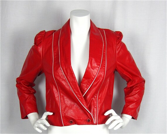 Vintage 80s Red Leather Bomber Jacket Sz S