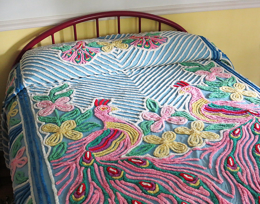 Exceptional Chenille Double Peacock Bedspread in Blue White