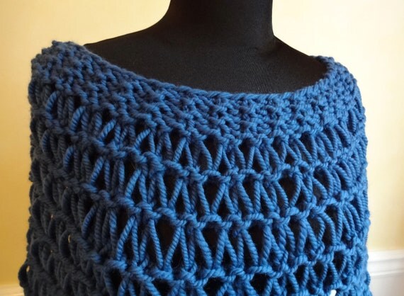 Twilight Blue Shoulder Wrap Hand Knit Wool Lace by lajumpinbean