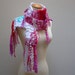 lipstick on your collar. hand knit scarf whimsical winter knitwear fashion accessories white red hot pink aqua blue ribbon scarf