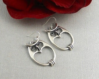 Cyber Monday Sale Silver Owl Earrings, Owl Earrings, Owl Jewelry, Large Owl Earrings, Silver Earrings Black Friday Sale