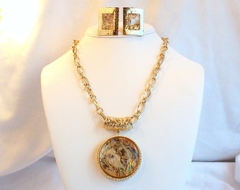 Vintage Abalone Medallion Pendant Necklace Earrings Set Chunky Gold Big Bold