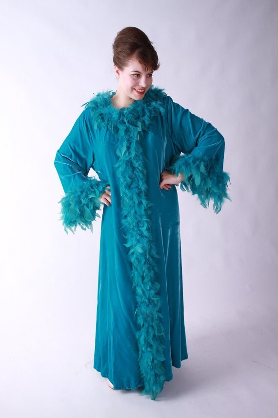 Vintage 1950s Robe Dramatic Teal Dressing Gown Robe Trimmed