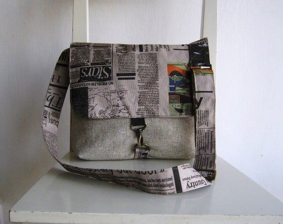 Natural color Canvas Satchel with an Art Newspaper Flap by rutinet