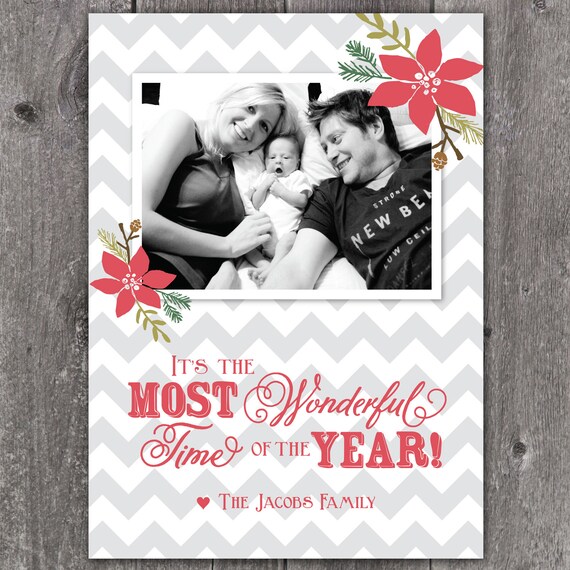 Chevron Poinsettias - DIGITAL Custom Christmas Holiday Photo Card Il_570xn