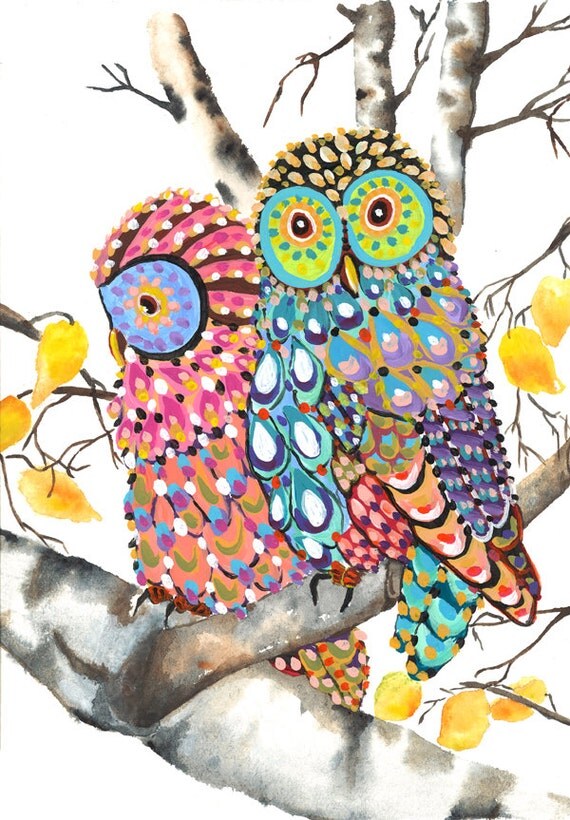 Items similar to Owls on a Birch tree print of an original whimsical