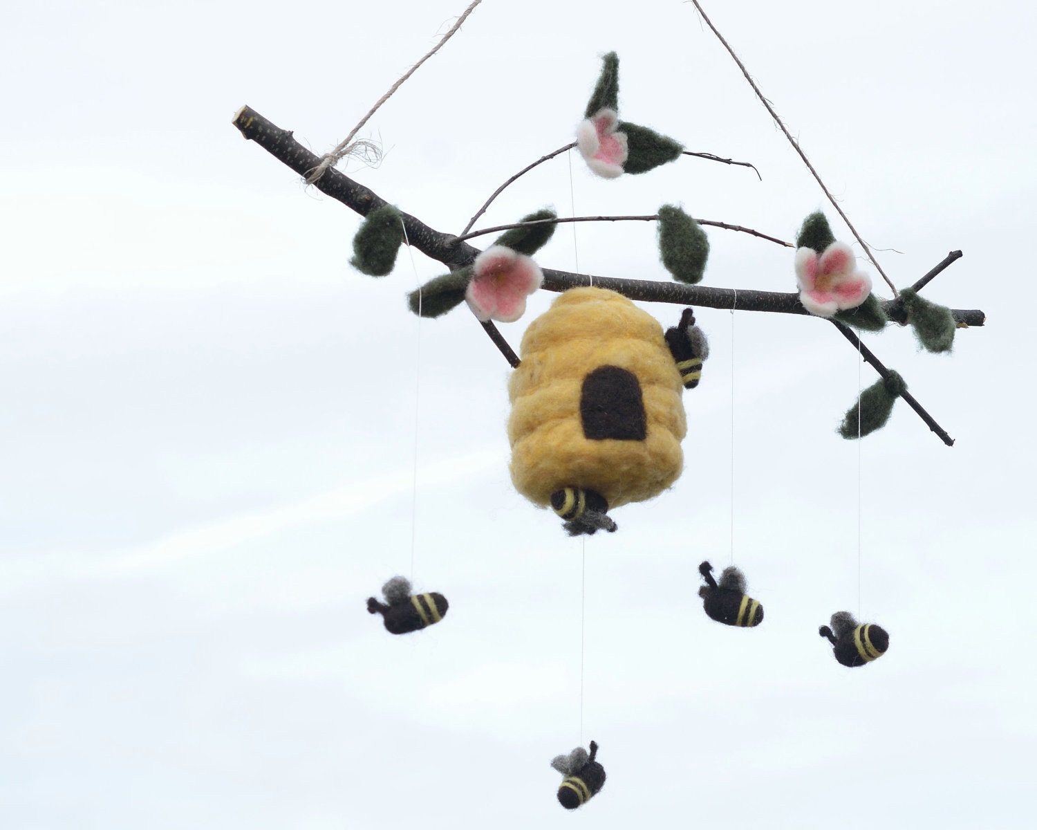 Felted Honey Bee Mobile in Wool for Baby Nursery Eco