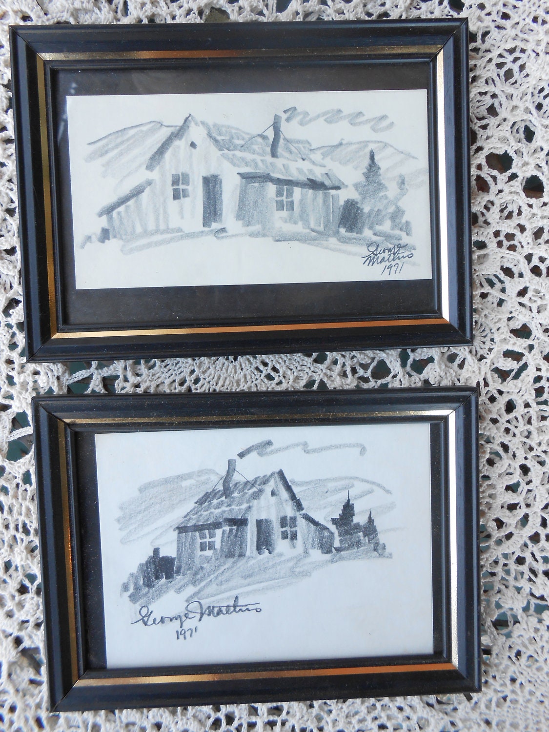 2 George Mathis Originals / Cabin Art Set / 2 Cabin Pencil