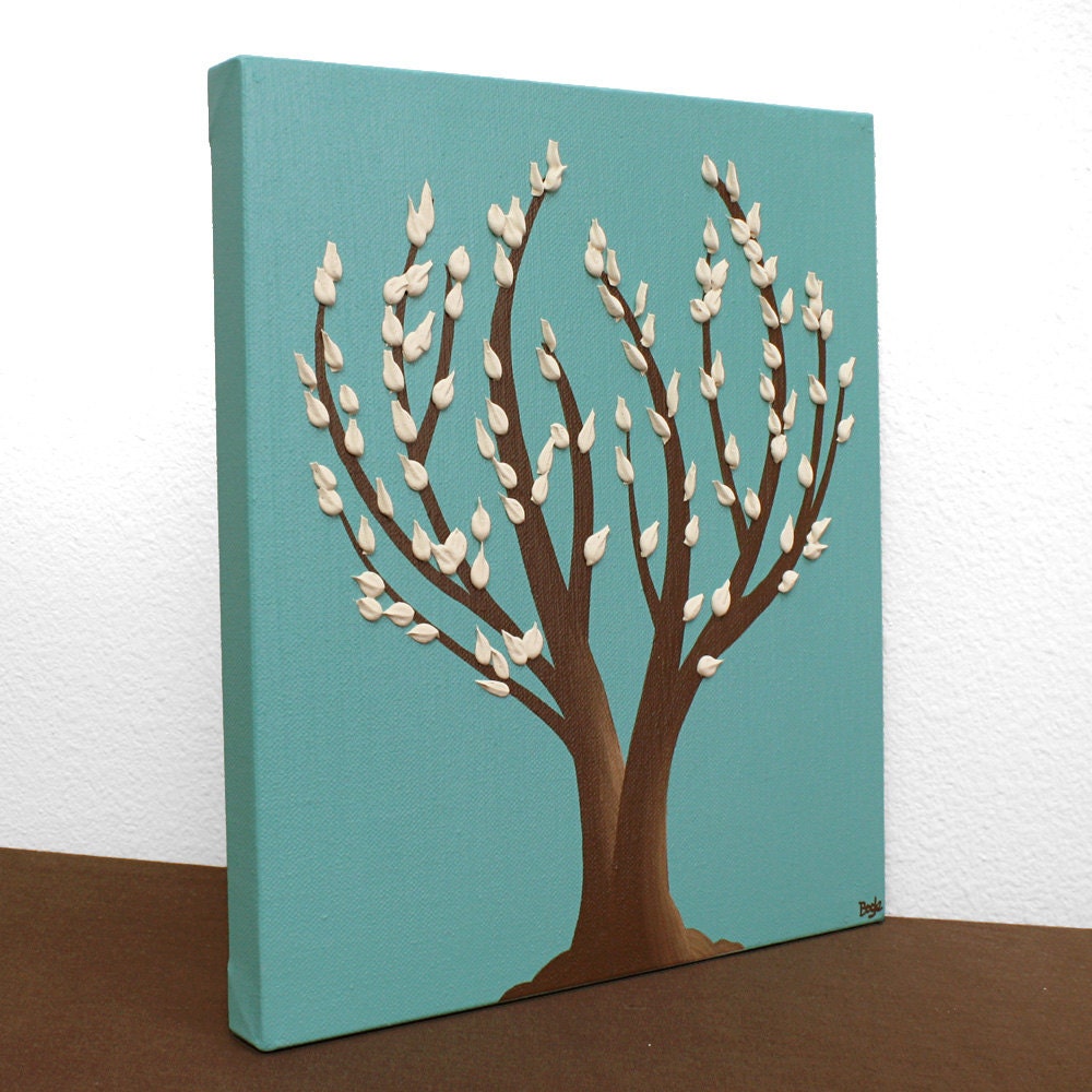 Tree Wall Art Teal Painting on Small Canvas 12X12 by Amborela