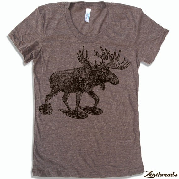 Womens MOOSE in Snow Shoes hand screen printed T by ZenThreads