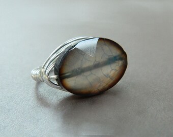 Wire Wrapped Ring - To Order - Stone, Crystal, Grey, Gray, Shadow, Cloudy, Light Grey, Bright, Bride, Bridal, Night, Romantic, Lovely