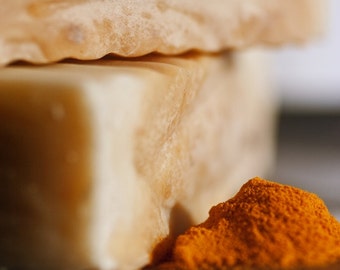 Turmeric Patchouli Organic Body Soap - Great for Sensitive Skin, Eczema, Acne, Psoriasis, Palm Oil Free, Wrapped in Seeded Paper