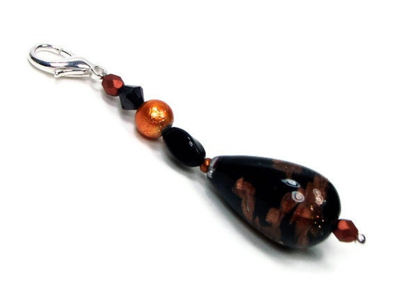 Purse Charm, Key Fob, Zipper Pull, Purse Jewelry, Black, Copper, Beaded