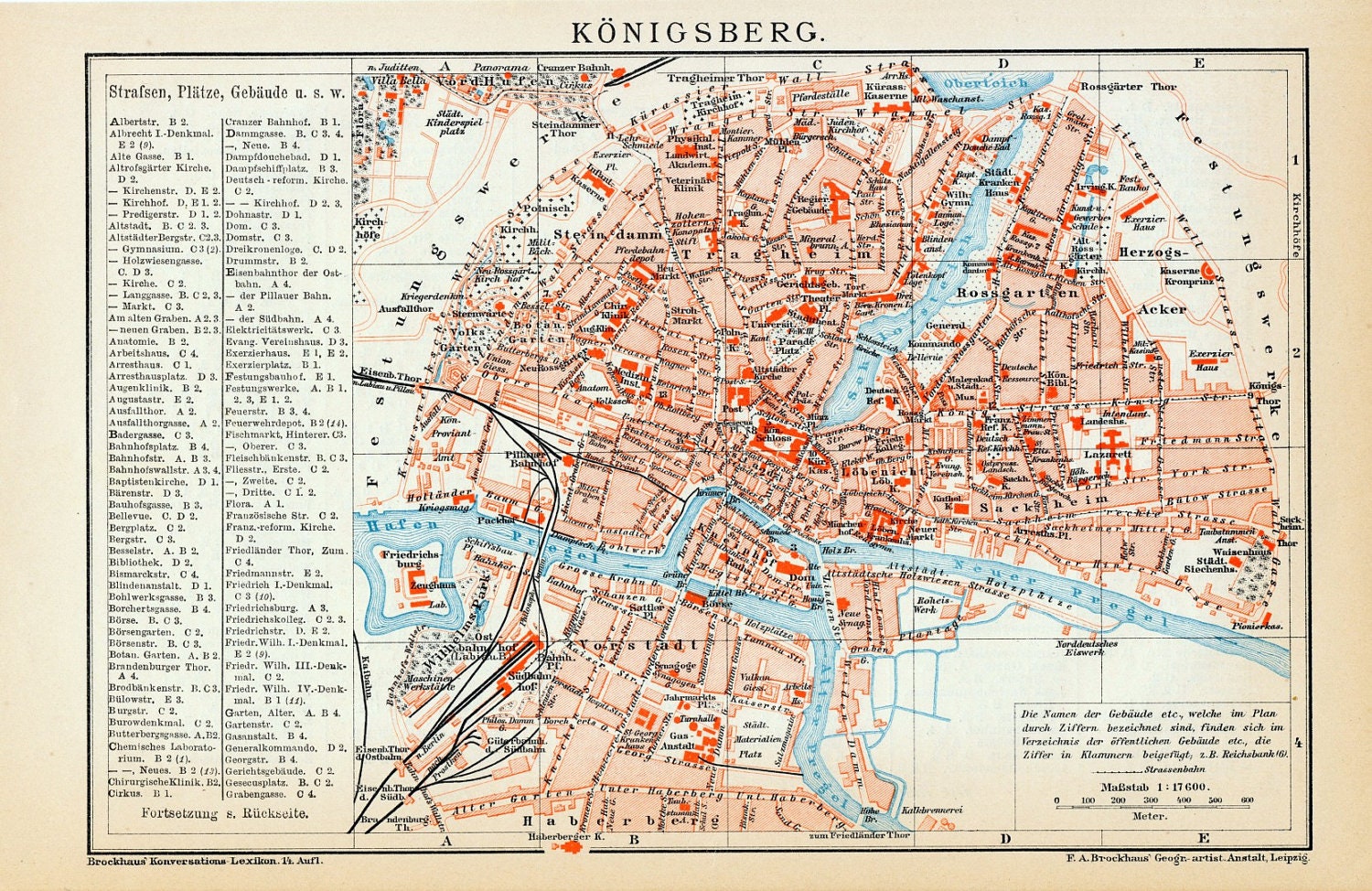 1894 German Antique Map of Koenigsberg Kaliningrad. With