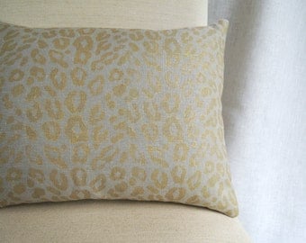 Metallic gold leopard hand block printed on warm gray linen decorative modern home decor pillow case