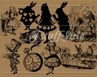 10 Alice in Wonderland Silhouette digital clipart - transparent background png files (Si01)