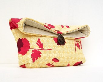Makeup Bag, Pink Flowers on Cream Yellow Clutch Purse, Great for Travel, Gift Under 25, Bridesmaid Gift