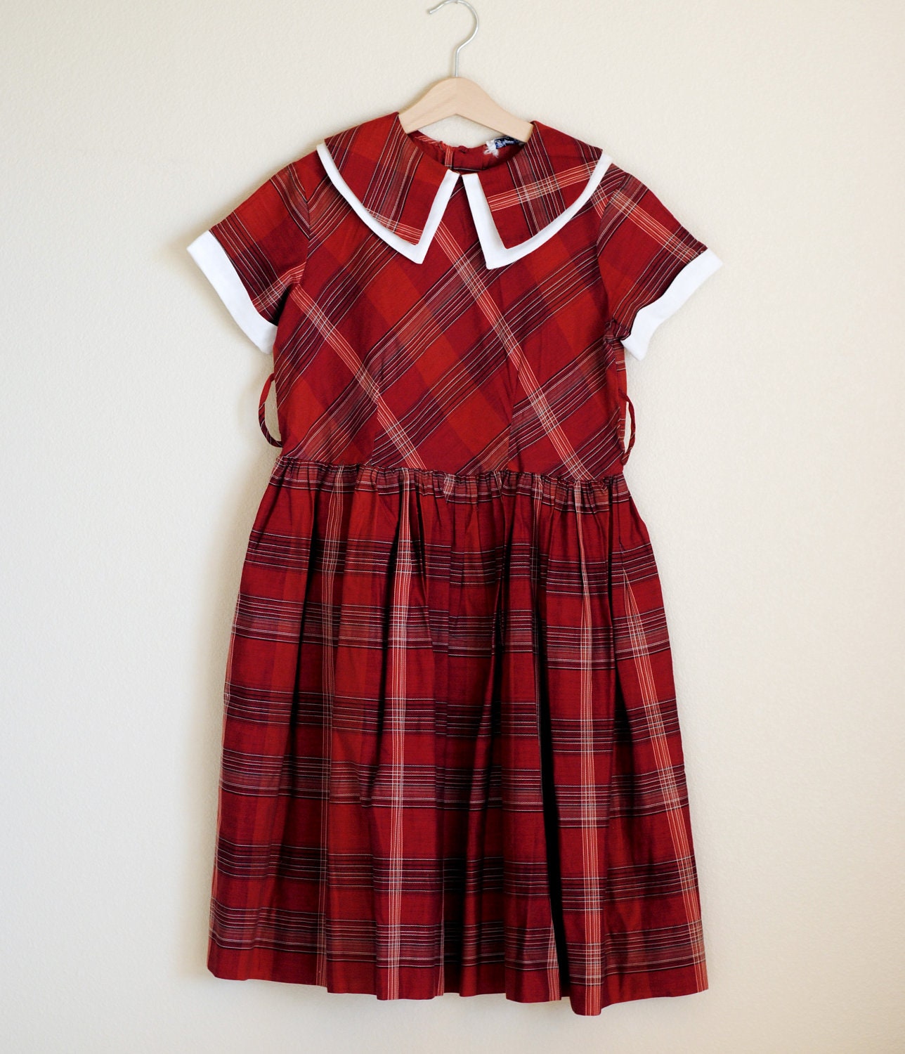 Vintage 1950's Little Girl Dress Red Plaid Double Collar