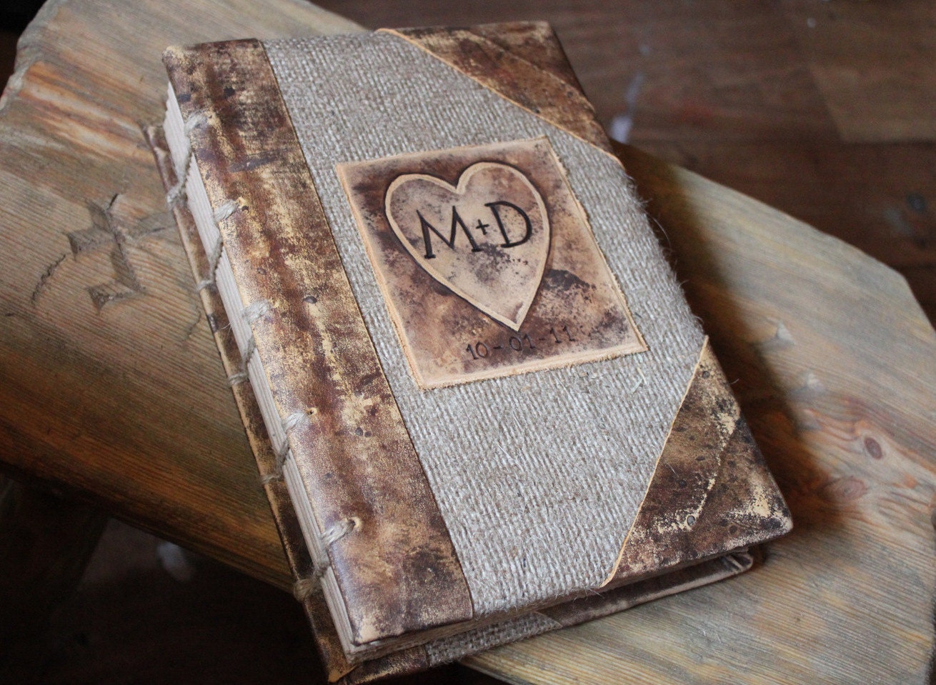 Custom Wedding Guest Book leather and burlap with heart and