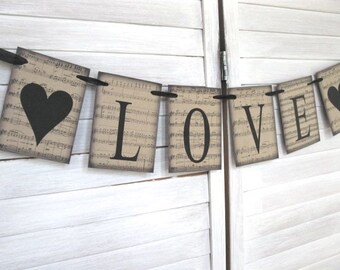 Love Banner - sheet music background - wedding banner, wedding decor. wedding photo, wedding, engagement photo